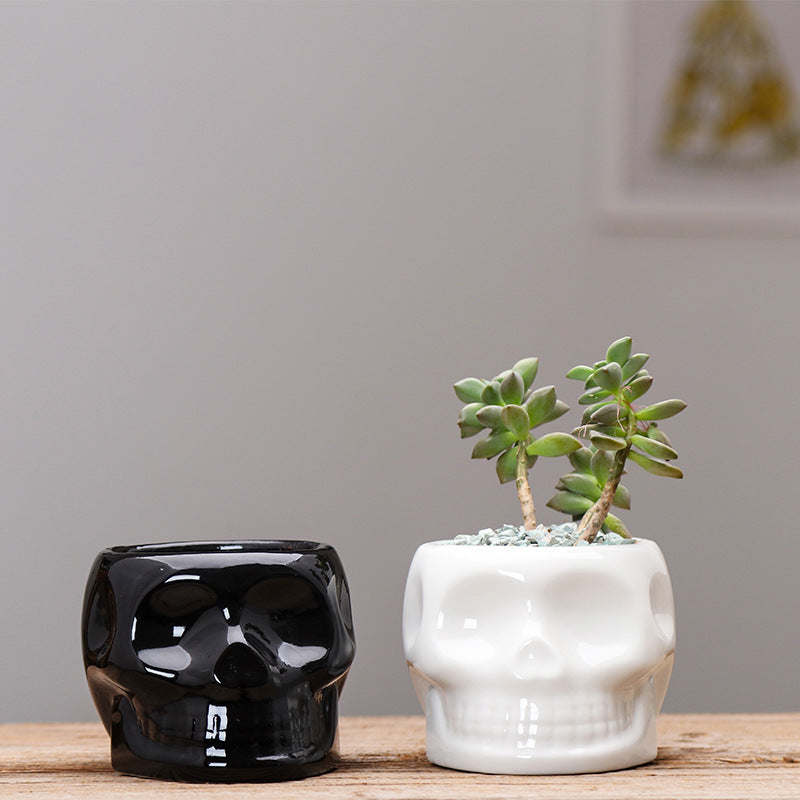 Black White Skull Ceramic Flower Pots